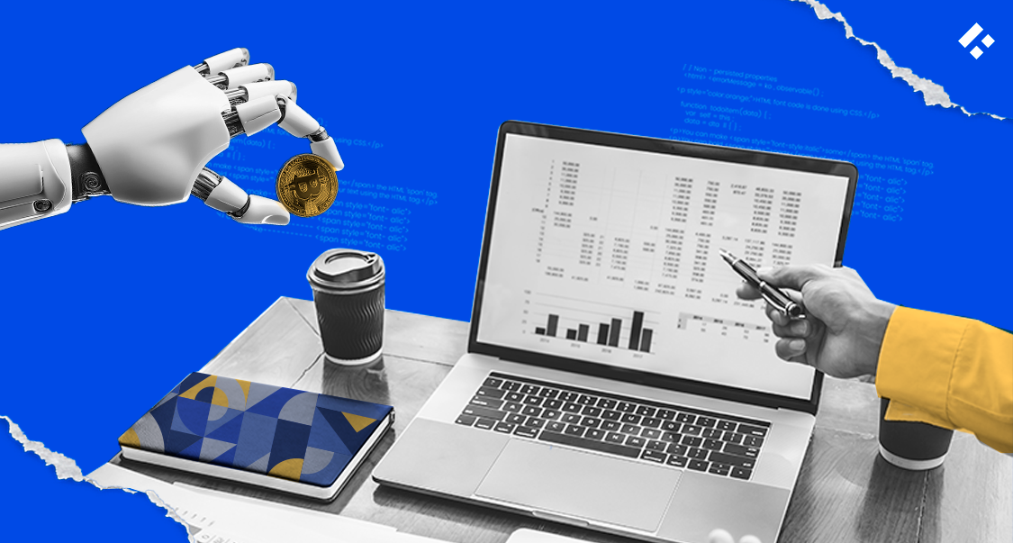 A robotic hand holding a cryptocurrency coin next to a financial data report on a laptop.