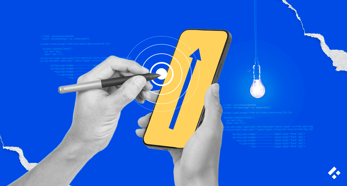 Hand using a pen to tap a target on a smartphone, symbolizing app growth and design innovation.