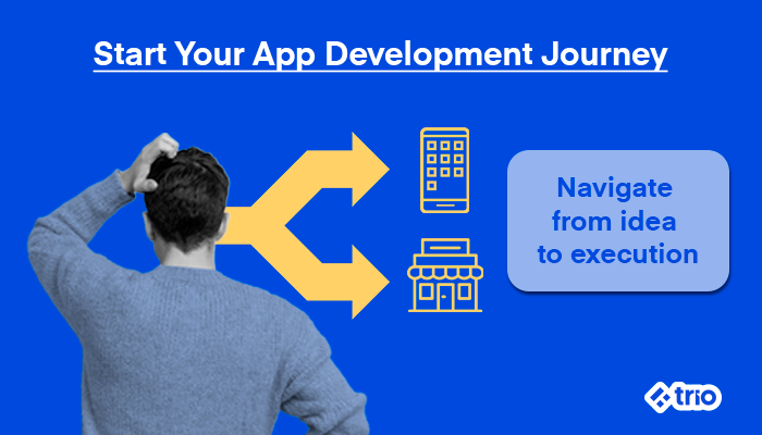 Man navigating app development choices, symbolized by arrows pointing to a smartphone and a store icon.