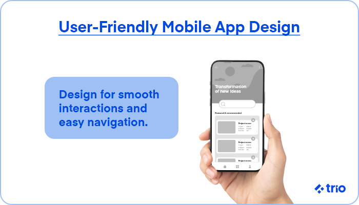 Hand holding a mobile phone with smooth navigation and interaction designs.