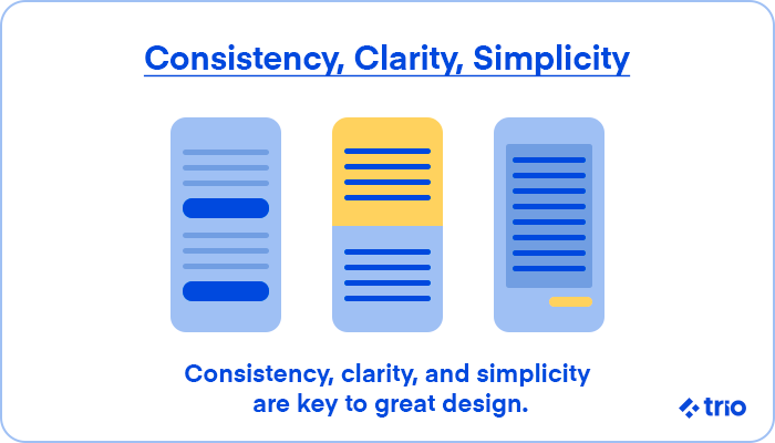 Three mobile screen designs with different levels of consistency and simplicity.
