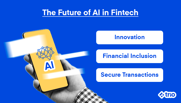 Hand holding a smartphone displaying an AI graphic, with words: Innovation, Financial Inclusion, and Secure Transactions.