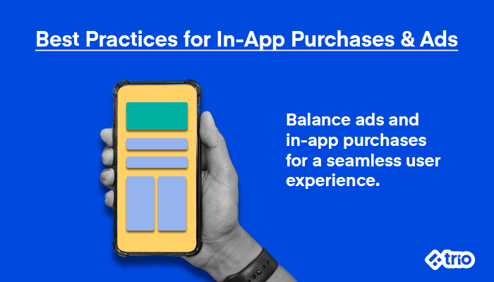 A smartphone screen illustrating in-app purchase elements and best practices for balancing ads and purchases.