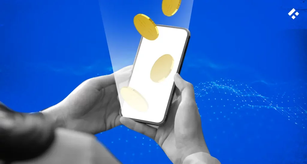 A smartphone glowing with digital gold coins falling into the screen, symbolizing modern financial transactions.