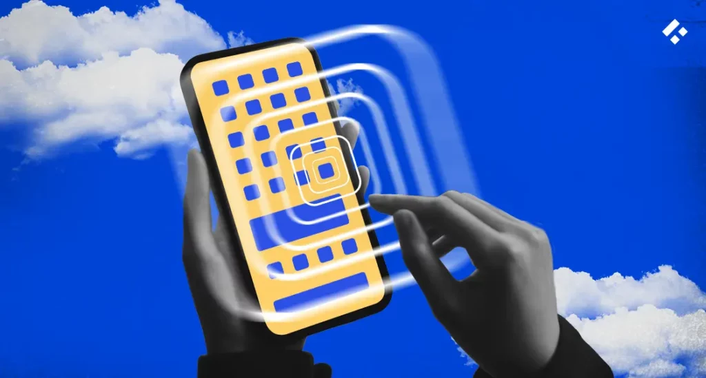 A hand interacting with a smartphone emitting digital waves, symbolizing IoT connectivity, against a cloud-filled blue background.