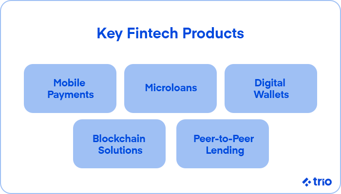A collection of fintech products, including mobile payments, microloans, digital wallets, blockchain solutions, and peer-to-peer lending, displayed in individual blocks.