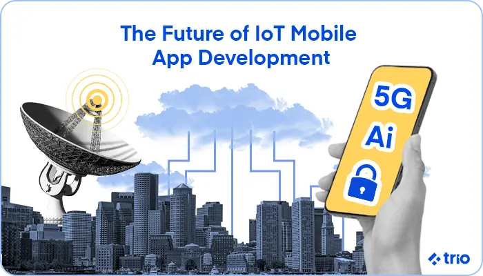 A satellite dish transmitting signals towards a cloud, with a hand holding a smartphone displaying icons for 5G, AI, and security, set against a cityscape.