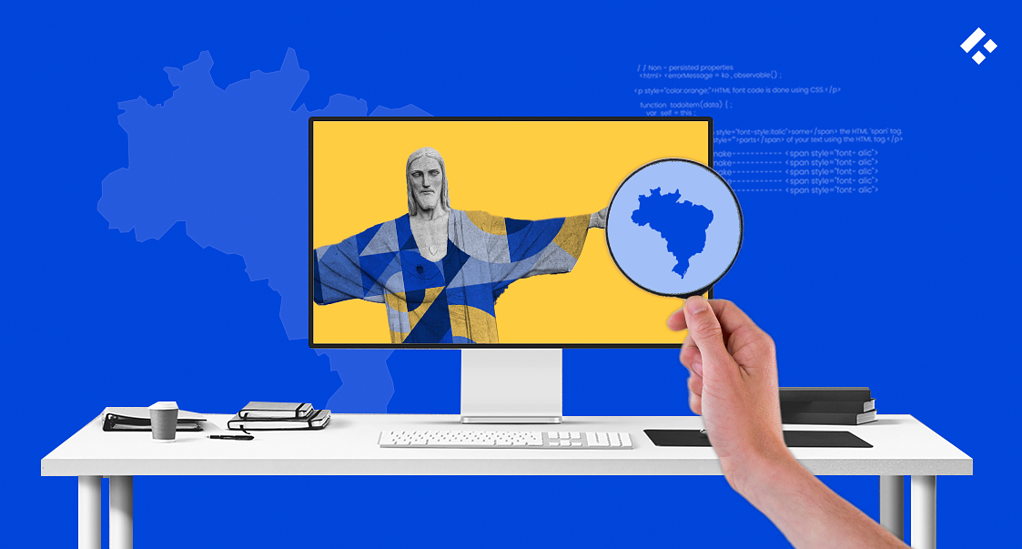 A hand holding a magnifying glass over a computer screen displaying an artistic version of Christ the Redeemer, representing Brazil’s role in IT outsourcing