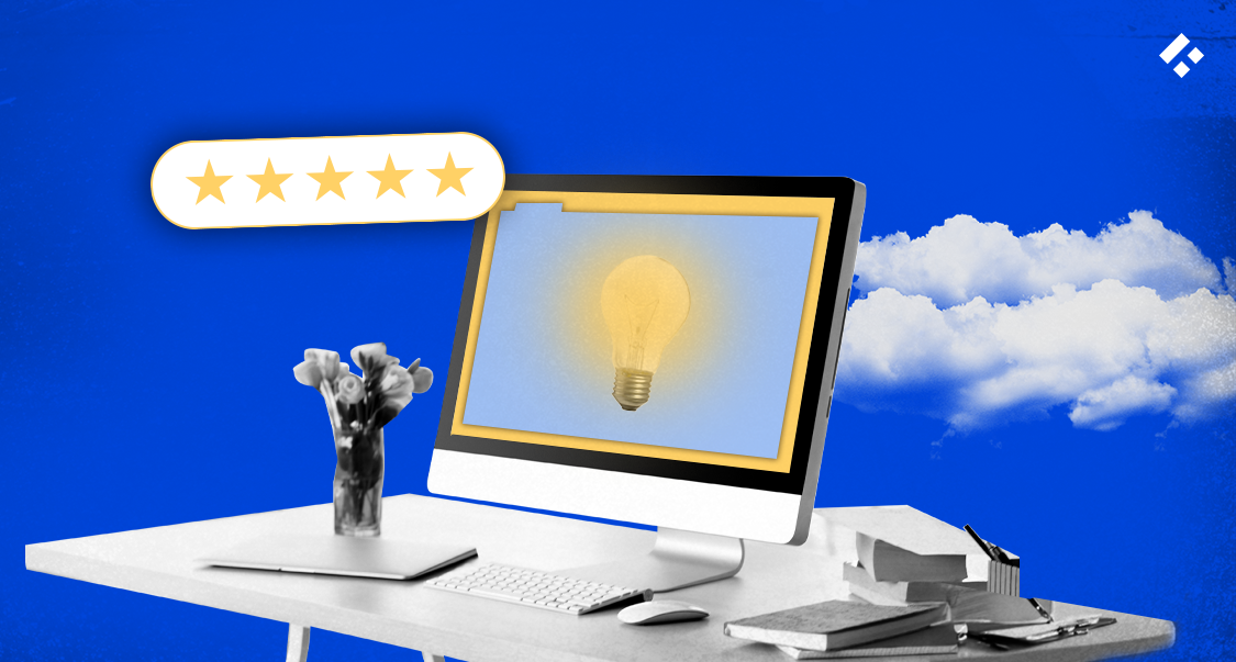 A computer monitor displaying a glowing lightbulb with a five-star rating above it, symbolizing innovation and quality.