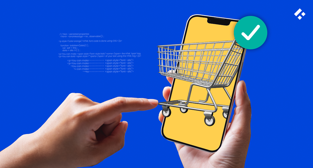 A hand interacting with a smartphone that displays a shopping cart, symbolizing online shopping and digital commerce.