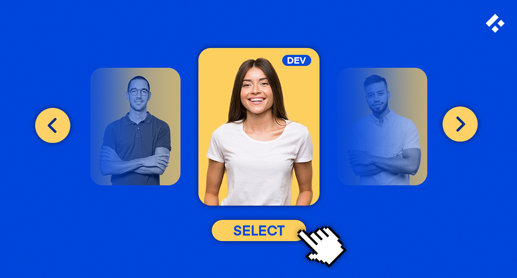 A selection interface featuring three developers, with one highlighted as the selected candidate.