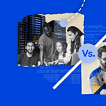 A split-screen visual comparing an in-house team working in an office with an outsourced developer working remotely across global locations.