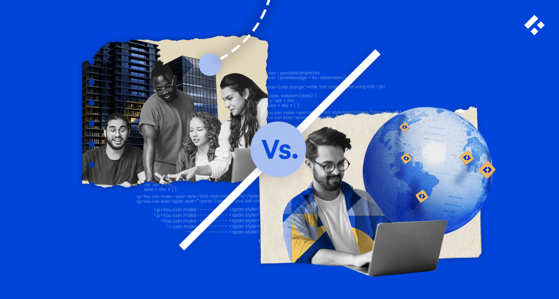 A split-screen visual comparing an in-house team working in an office with an outsourced developer working remotely across global locations.