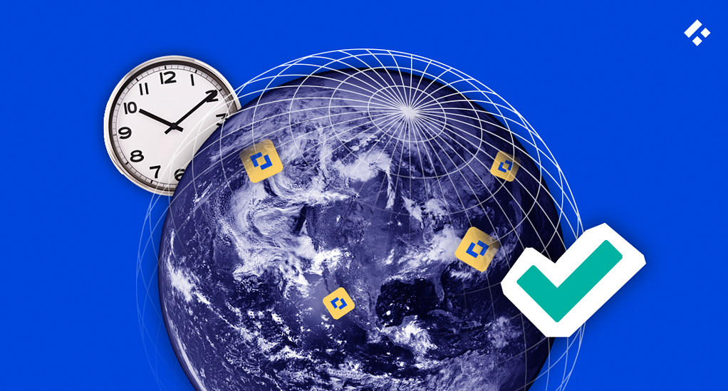 A digital illustration of the Earth with a clock, time zone lines, and a checkmark, symbolizing global workforce synchronization.
