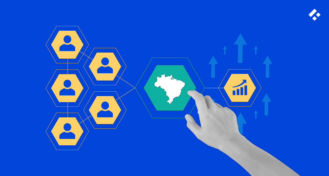 A conceptual illustration of Brazil’s tech ecosystem, featuring interconnected hexagons representing people, technology, and business growth.