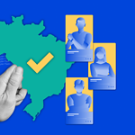 A digital representation of a hand selecting Brazil as a preferred outsourcing destination, with illustrated developer profiles.