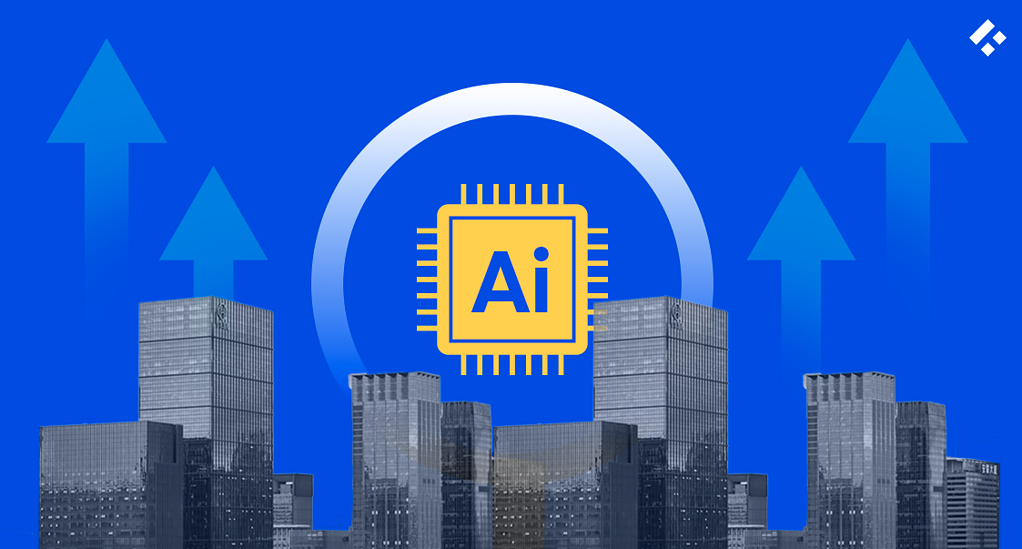 AI chip icon rising above city buildings with upward arrows, symbolizing AI-driven business growth.
