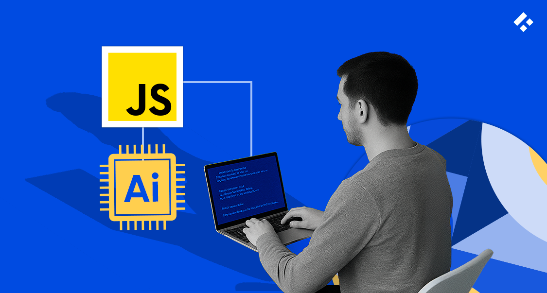 Developer working on laptop with JavaScript and AI icons connected, symbolizing AI-powered coding.