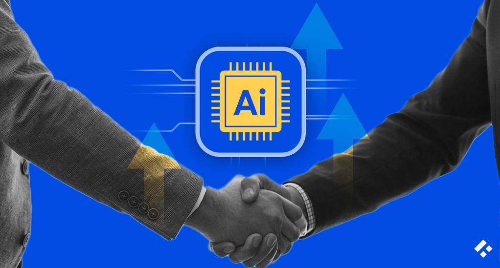 Two business professionals shaking hands, with an AI microchip in the background, symbolizing AI-driven partnerships and growth.