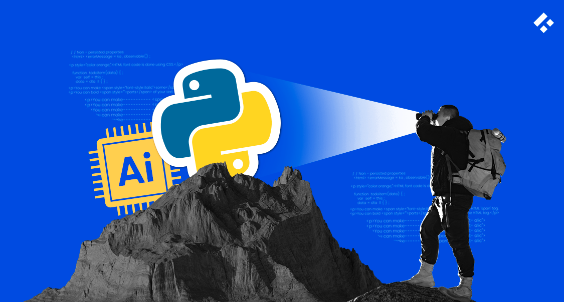 A person with a backpack shining a light on a Python and AI chip icon over a mountain peak.