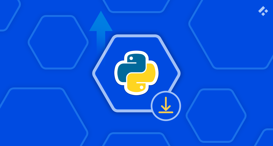 Python logo inside a hexagon with a download icon, symbolizing an upgrade.