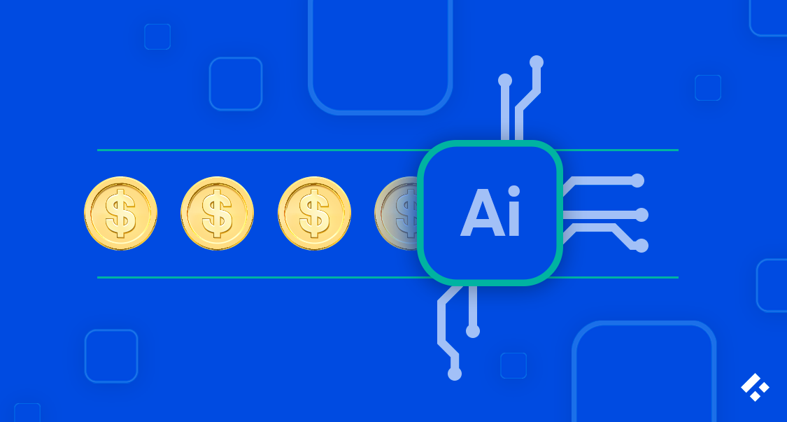 Digital illustration of AI chip connected to dollar coins, symbolizing the integration of AI into financial transactions and processes.