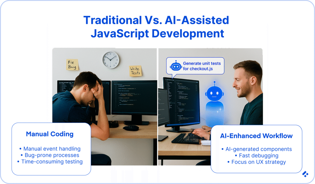 Side-by-side comparison of traditional vs. AI-assisted JavaScript development.