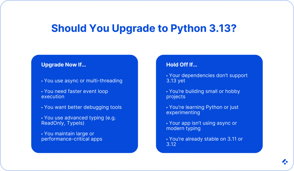 A comparison chart showing reasons to upgrade to Python 3.13 now versus reasons to wait.