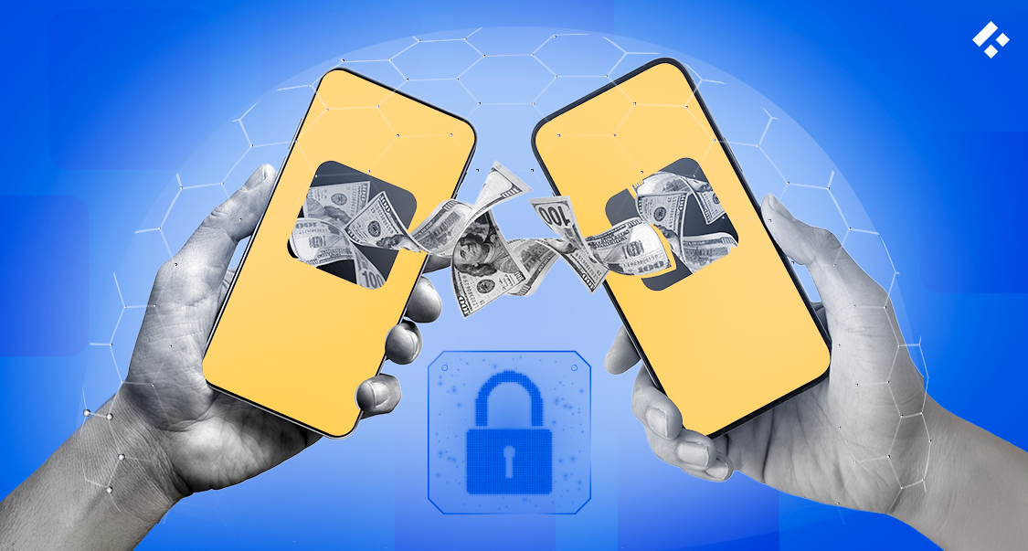 Two smartphones exchanging money digitally, representing secure mobile payments.