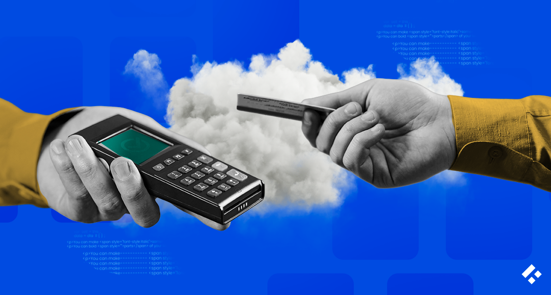 Illustration of a card payment terminal and credit card with a cloud symbolizing cloud-based payment processing.