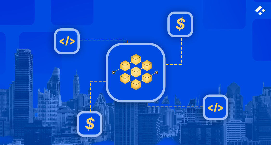 Illustration of blockchain integration with financial technology, represented by cubes, dollar signs, and code symbols.