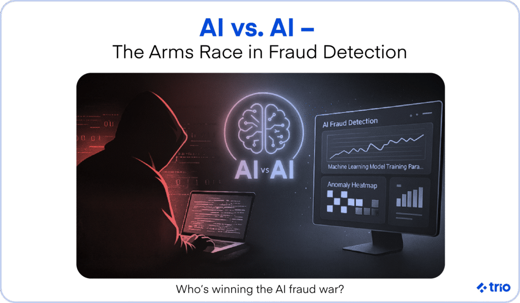 Hacker in a hoodie facing AI fraud detection tools, illustrating AI vs. AI in cybersecurity.