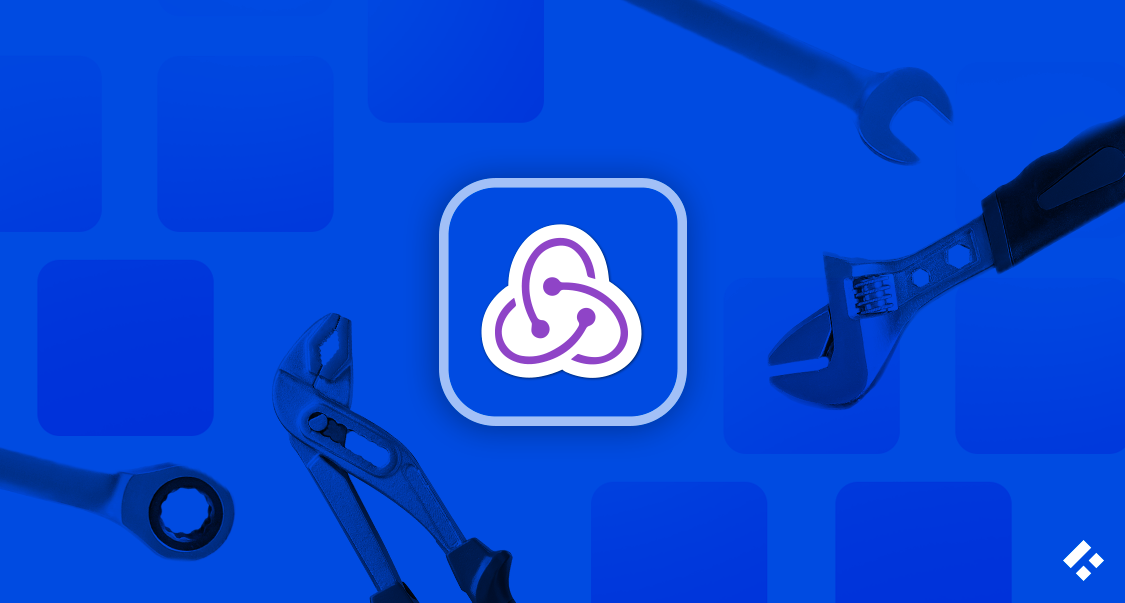 Redux logo surrounded by different tools on a blue background.