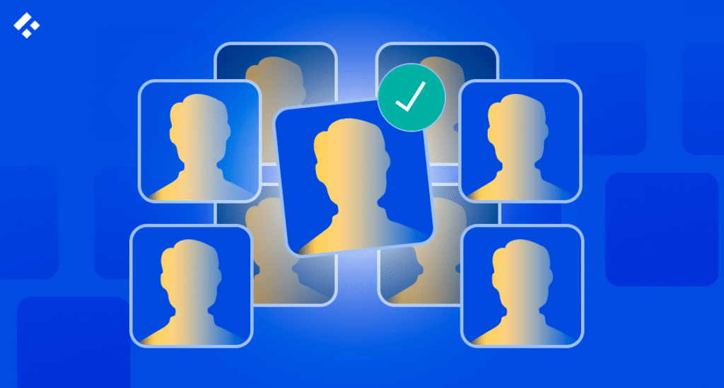 Illustration of multiple candidate profiles with one highlighted and marked with a check, representing candidate selection.