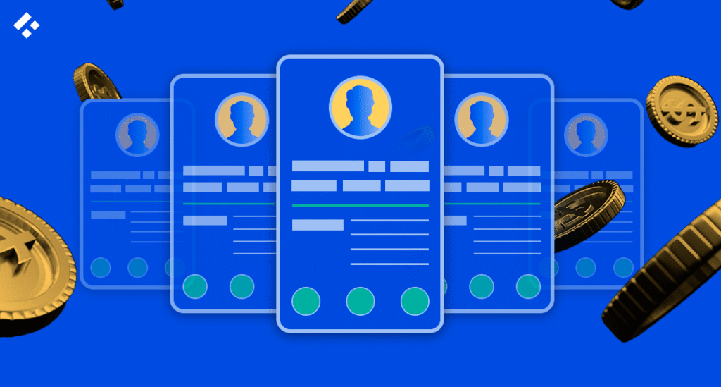 Illustration of multiple digital resumes with one highlighted, surrounded by floating fintech coins.