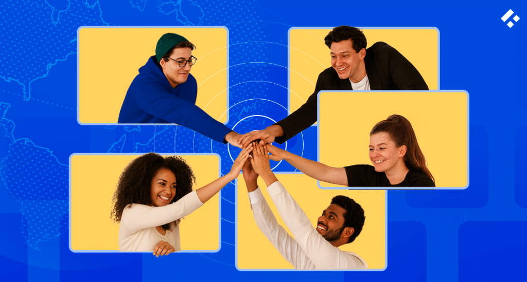 Collage of diverse professionals joining hands in a virtual teamwork gesture, symbolizing collaboration.