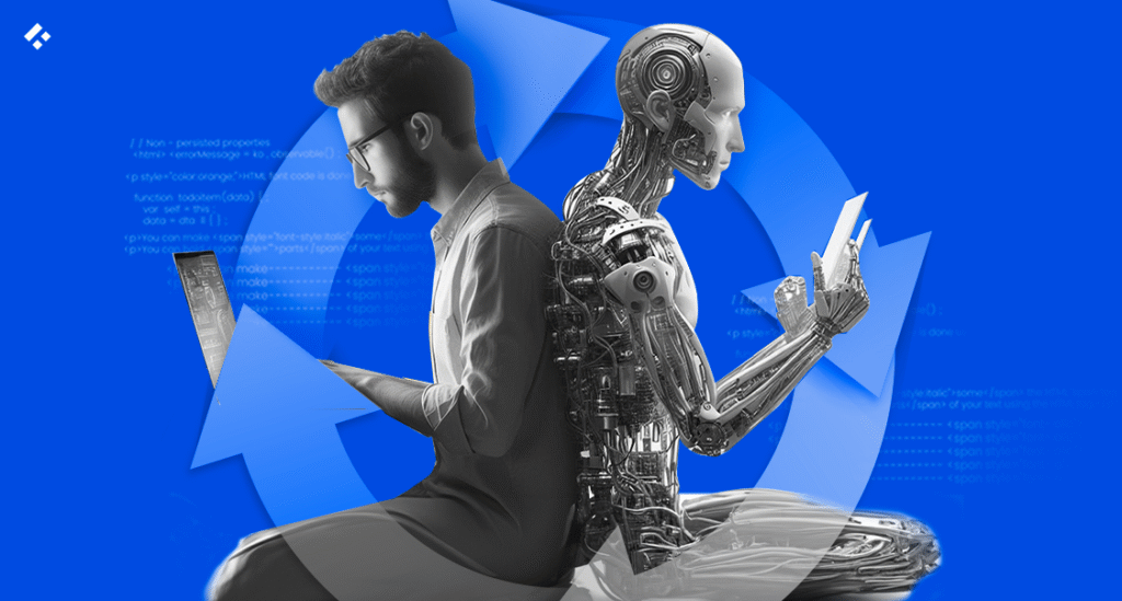 ide-by-side image of a human developer working on a laptop and a humanoid robot reading a document, symbolizing the collaboration and tension between AI and human labor.
