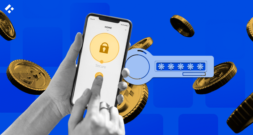 Person using a smartphone app with a secure lock icon, next to a digital password graphic and floating gold coins.