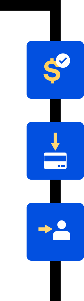 Icon stack of verified dollar, secure card download, and user arrow representing secure fintech engineering delivery