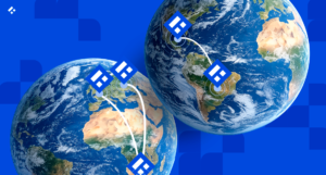 Two globes connected by Trio location pins representing nearshore versus offshore fintech development partnerships