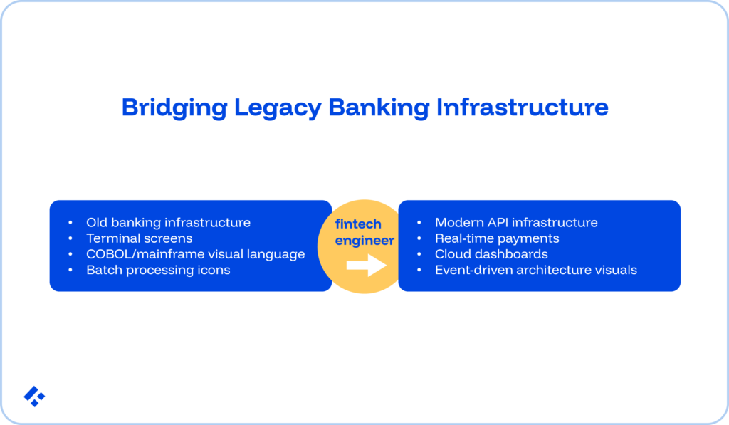 Bridging legacy banking infrastructure:
Old banking structure is made up of terminal screens, COBOL/mainframe visual languages, and batch processing icons.
With the right fintech engineers this can be moved over to modern API infrastructure, real-time payments, cloud dashboards, and event-driven architecture visuals.