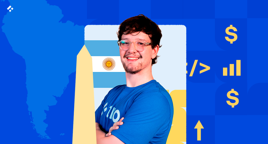 A smiling Trio developer wearing glasses and a branded blue shirt stands in front of the Argentine flag and the Buenos Aires Obelisk, alongside a South America map silhouette and yellow icons for code brackets, bar charts, dollar signs, and an upward arrow, representing fintech developer hiring in Argentina