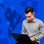 Professional working on a laptop with a LATAM map background, representing GDPR compliance, DPA requirements, and secure data transfers for staff augmentation teams in Latin America.