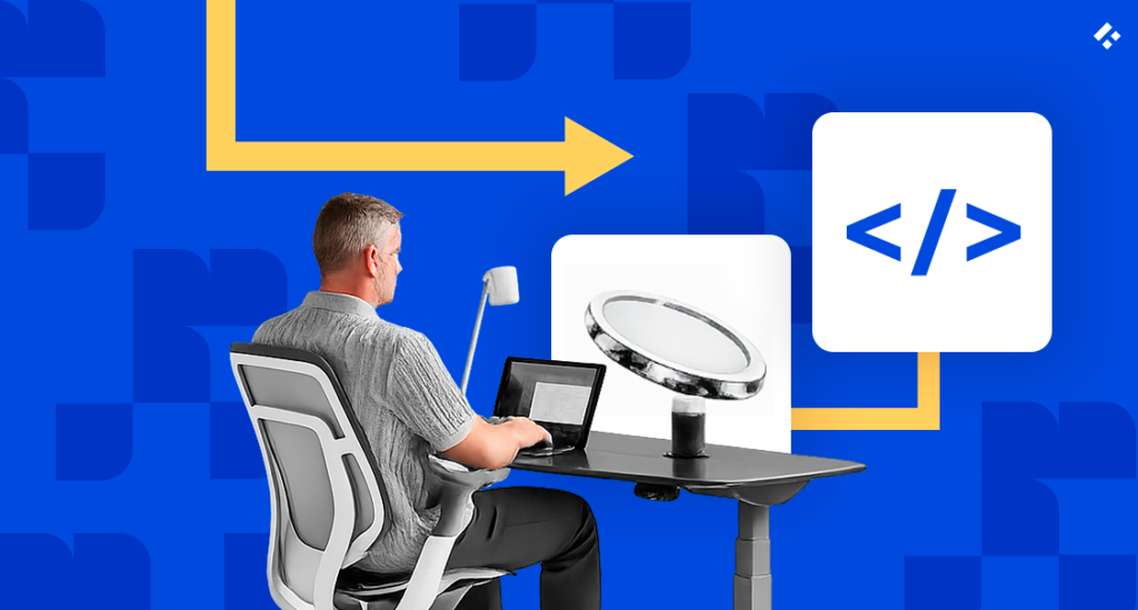 Developer working on a laptop with a code icon representing engineers hired for stablecoin payment integration