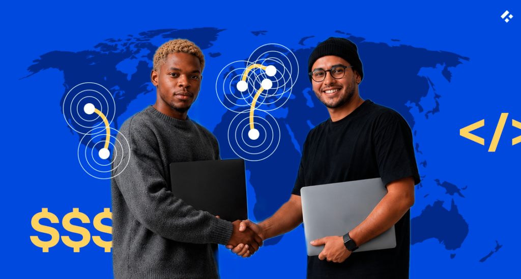Two software developers shaking hands while holding laptops on a Trio branded blue world map background with code and dollar sign icons, representing IP assignment agreements for nearshore fintech developers