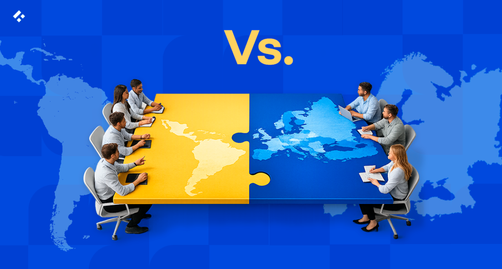 LATAM vs Eastern Europe for Fintech Developers (Timezones, Risk, Cost). A table made of two puzzle pieces, one half primarily yellow, containing South America, the other half primarily blue, containing Europe.