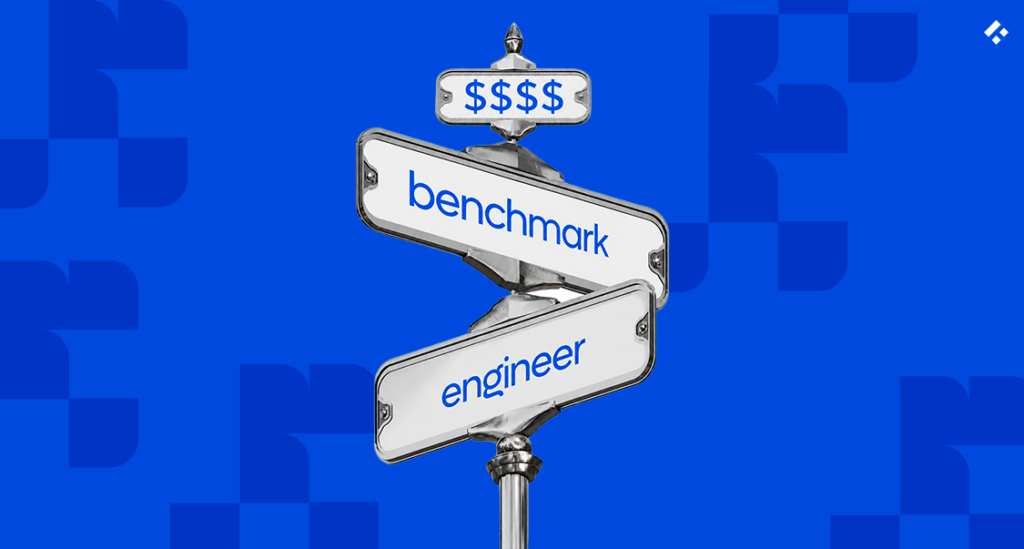 Street sign pointing to benchmark and engineer, symbolizing fintech engineer salary and hiring cost benchmarks