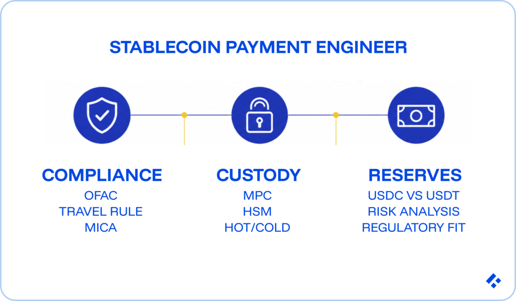 Diagram showing what to vet for in a stablecoin payment engineer: compliance covering OFAC, Travel Rule, and MiCA; custody covering MPC, HSM, and hot/cold storage; reserves covering USDC vs USDT, risk analysis, and regulatory fit