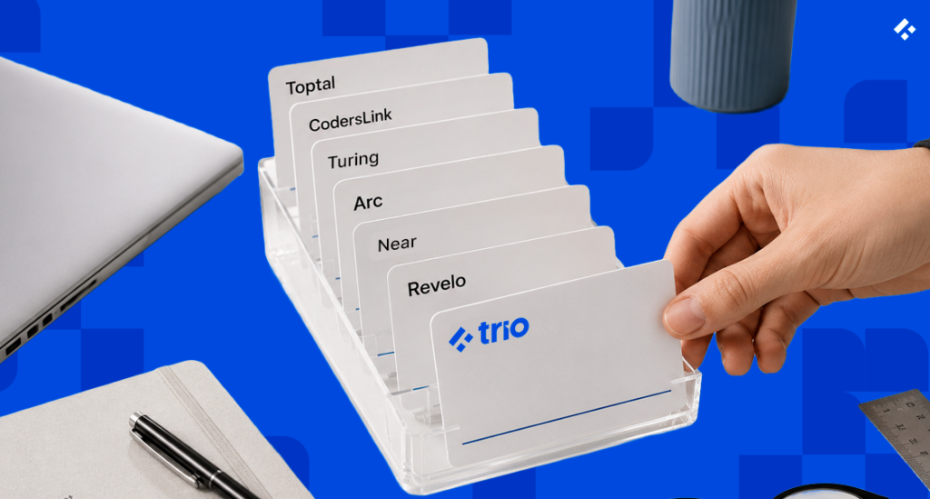 Hand selecting a Trio card from a rolodex of competitors like Toptal, Turing, and Arc, representing the best BairesDev alternatives for nearshore software development in 2026