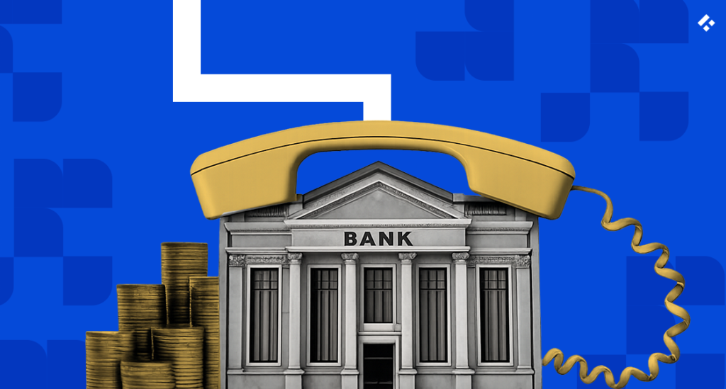 Illustration of a bank building as a phone receiver with a stack of coins, symbolizing the cost to build open banking integrations in 2026
